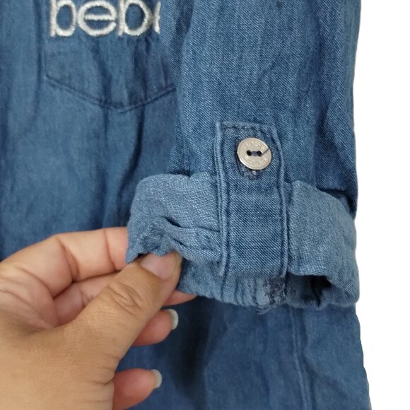 BEBE Blouse Girls M(10/12) Blue Pockets Roll-Tab Sleeve Button-up Asymmetrical - Picture 7 of 8